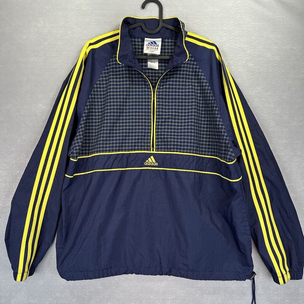 Vintage ADIDAS Men‎ Windbreaker Jacket XL Pullover 1/2 Zip Navy Blue Yellow B74